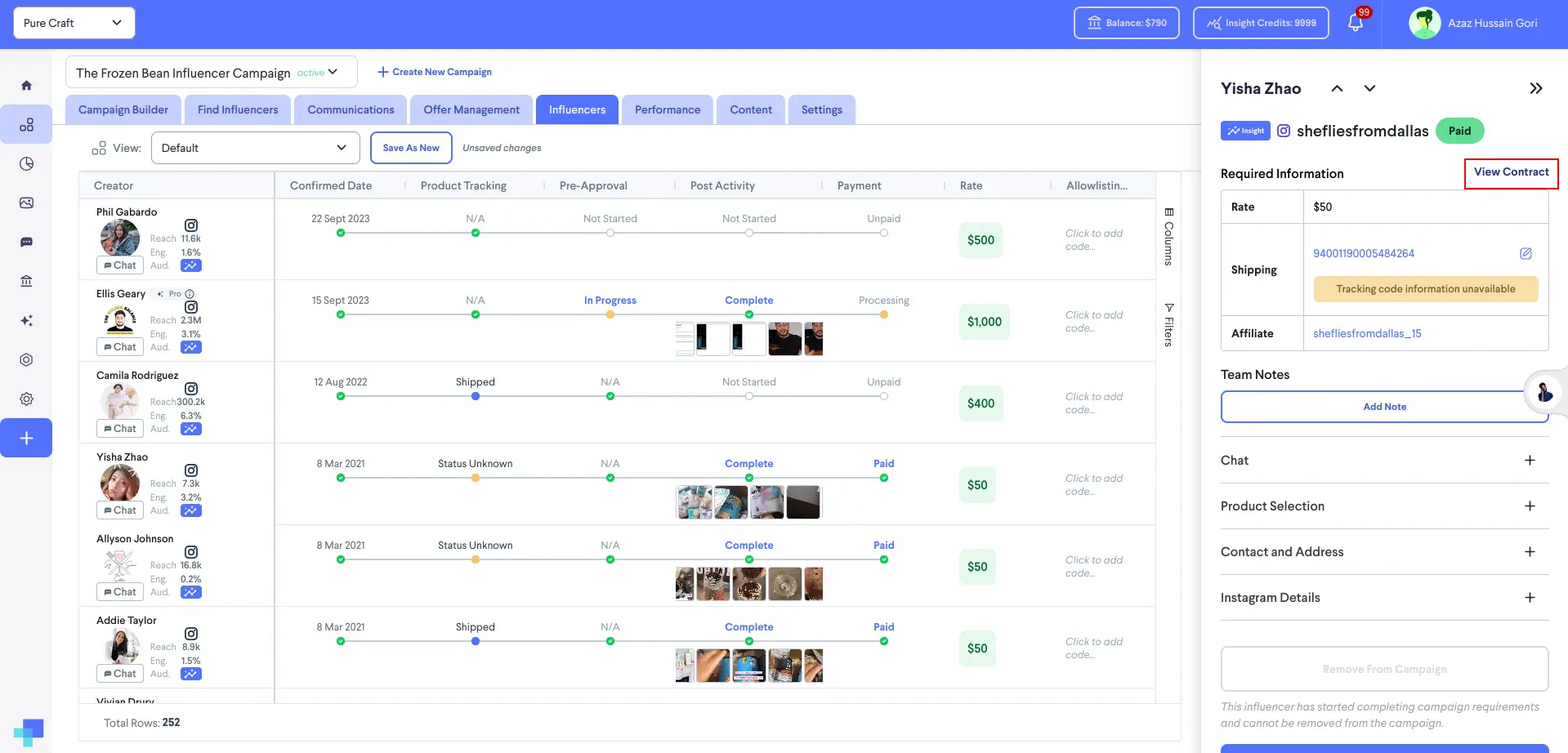 Influencers tab in The Frozen Bean Influencer Campaign on partnrUP for Brands platform showing influencer details and contract management options.