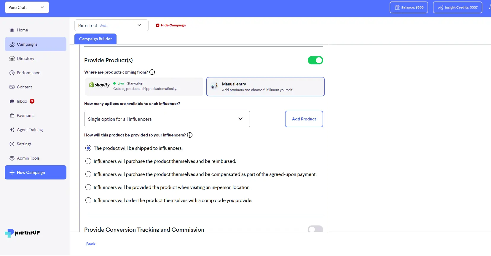 partnrUP for Brands Campaign Builder - Provide Products settings
