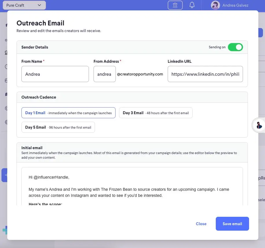 The Outreach Email screen allows users to configure sender details and the cadence for emails sent to creators. It includes fields for sender name, address, and LinkedIn URL, along with options to set the timing for Day 1, Day 3, and Day 5 emails. The initial email content is displayed and editable below, with a preview of the message.