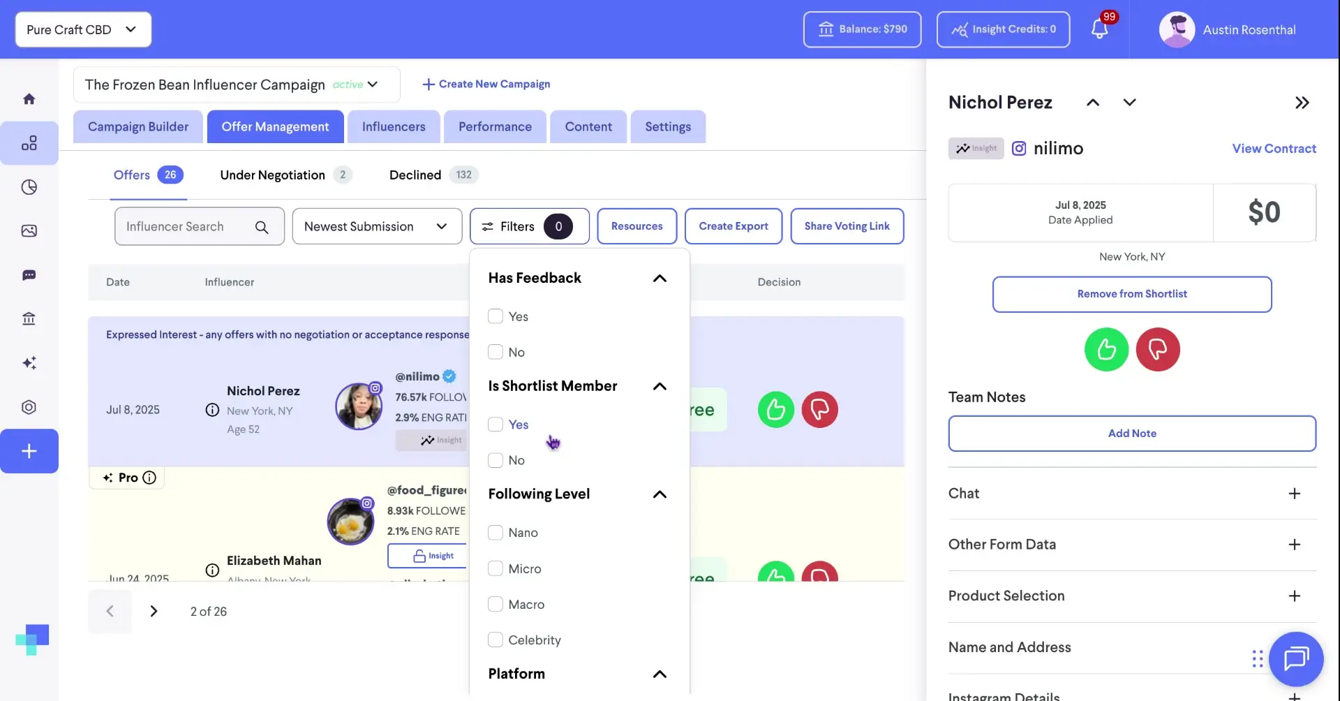 The screenshot shows the Offer Management section of the platform, with a filter menu open. The filter options include 'Has Feedback', 'Is Shortlist Member', and 'Following Level'.