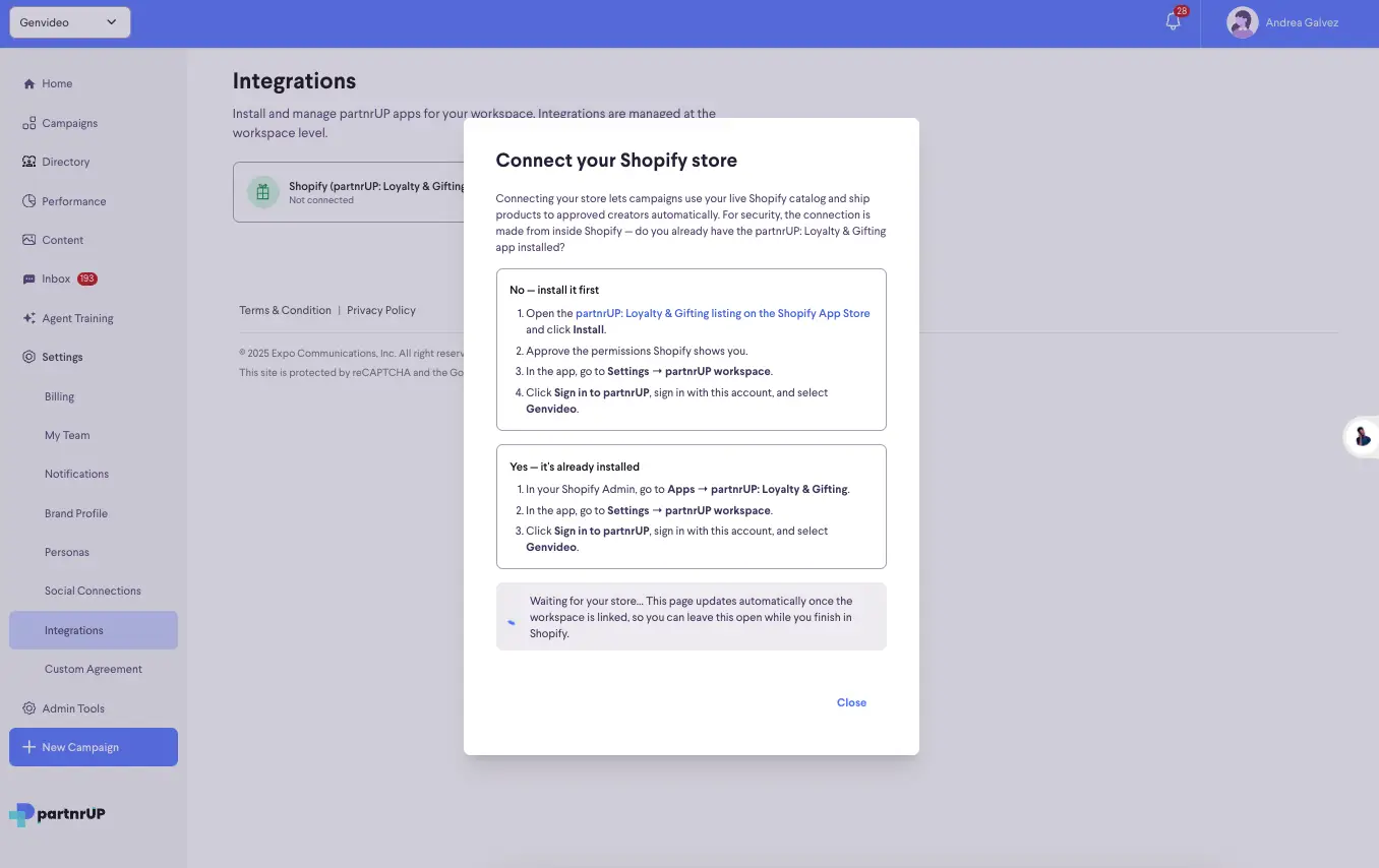partnrUP for Brands Integrations page showing Shopify connection instructions