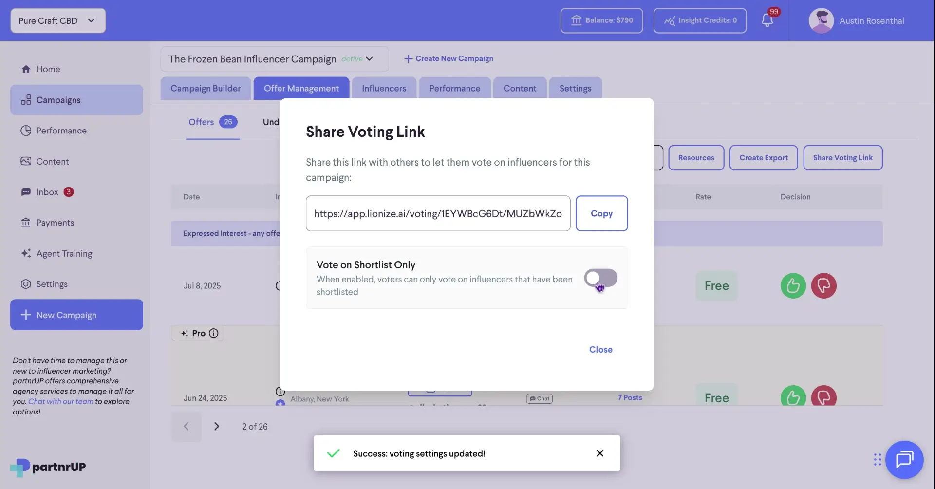 The user is viewing the "Share Voting Link" modal within the partnrUP platform, which allows them to share a link for others to vote on influencers for a campaign. The user has enabled the "Vote on Shortlist Only" option, and a success message confirms the voting settings have been updated.