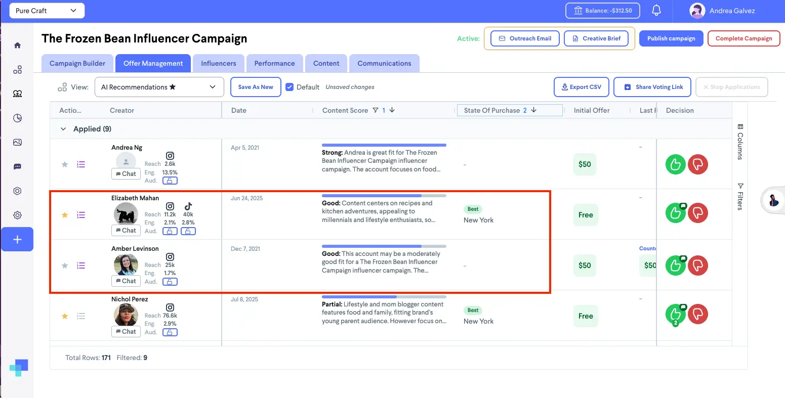 Offer Management tab in The Frozen Bean Influencer Campaign on partnrUP for Brands platform.