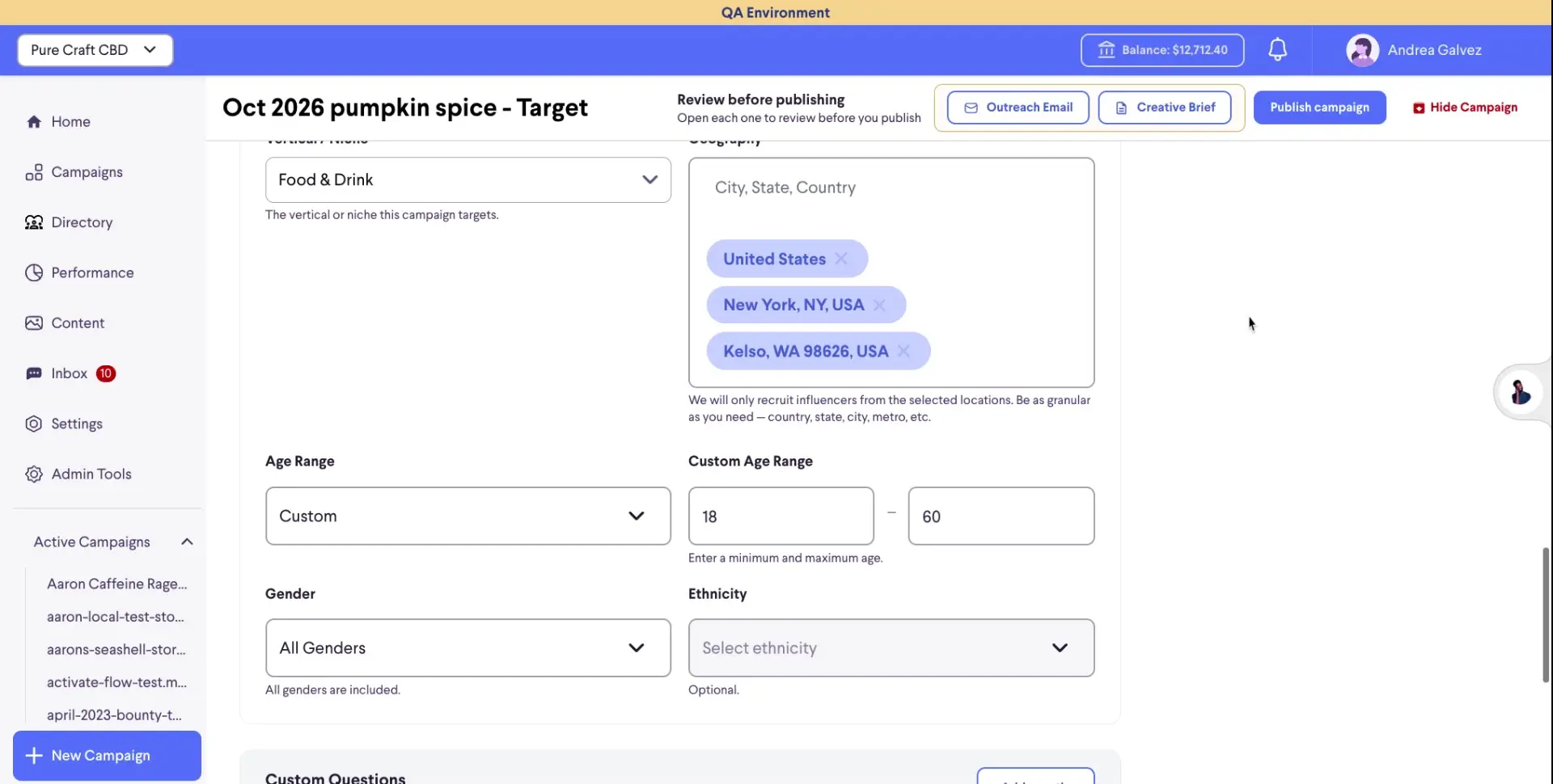 The screenshot shows the campaign targeting settings for an influencer marketing campaign. Users can define the target audience by selecting demographics such as location, age range, gender, and ethnicity. The platform allows for granular targeting, enabling brands to recruit influencers from specific countries, states, cities, or metro areas.