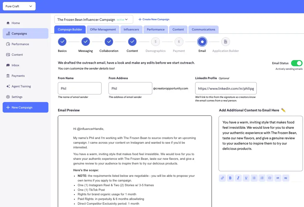 Email Recruitment Settings page in partnrUP for Brands showing email customization options for influencer campaigns.