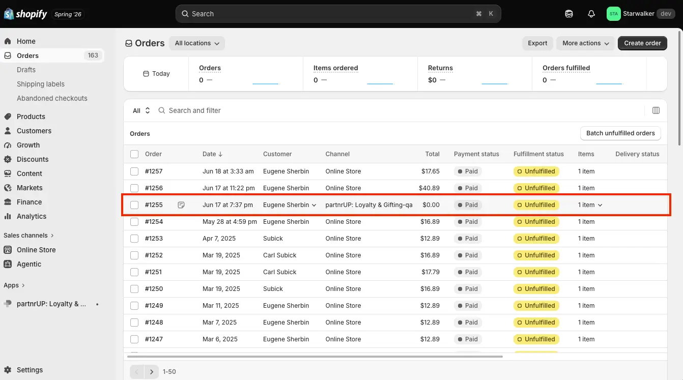 Shopify Orders page showing order #1255 for partnrUP: Loyalty & Gifting-qa, marked as Paid and Unfulfilled.