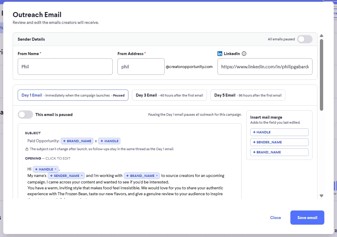 Outreach Email settings screen for campaign setup in partnrUP for Brands.