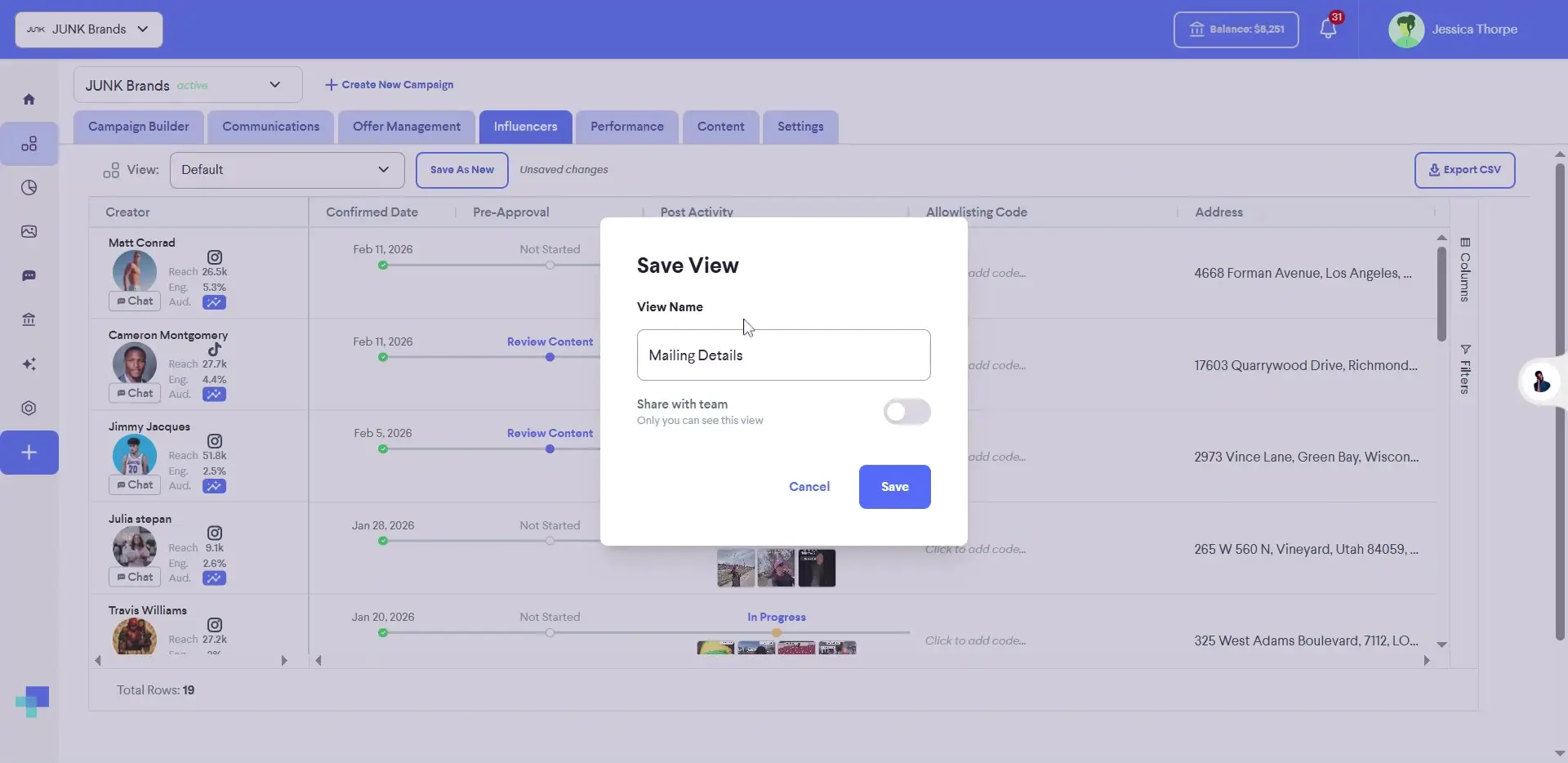 The user is saving a view named "Mailing Details" within the influencer marketing platform.