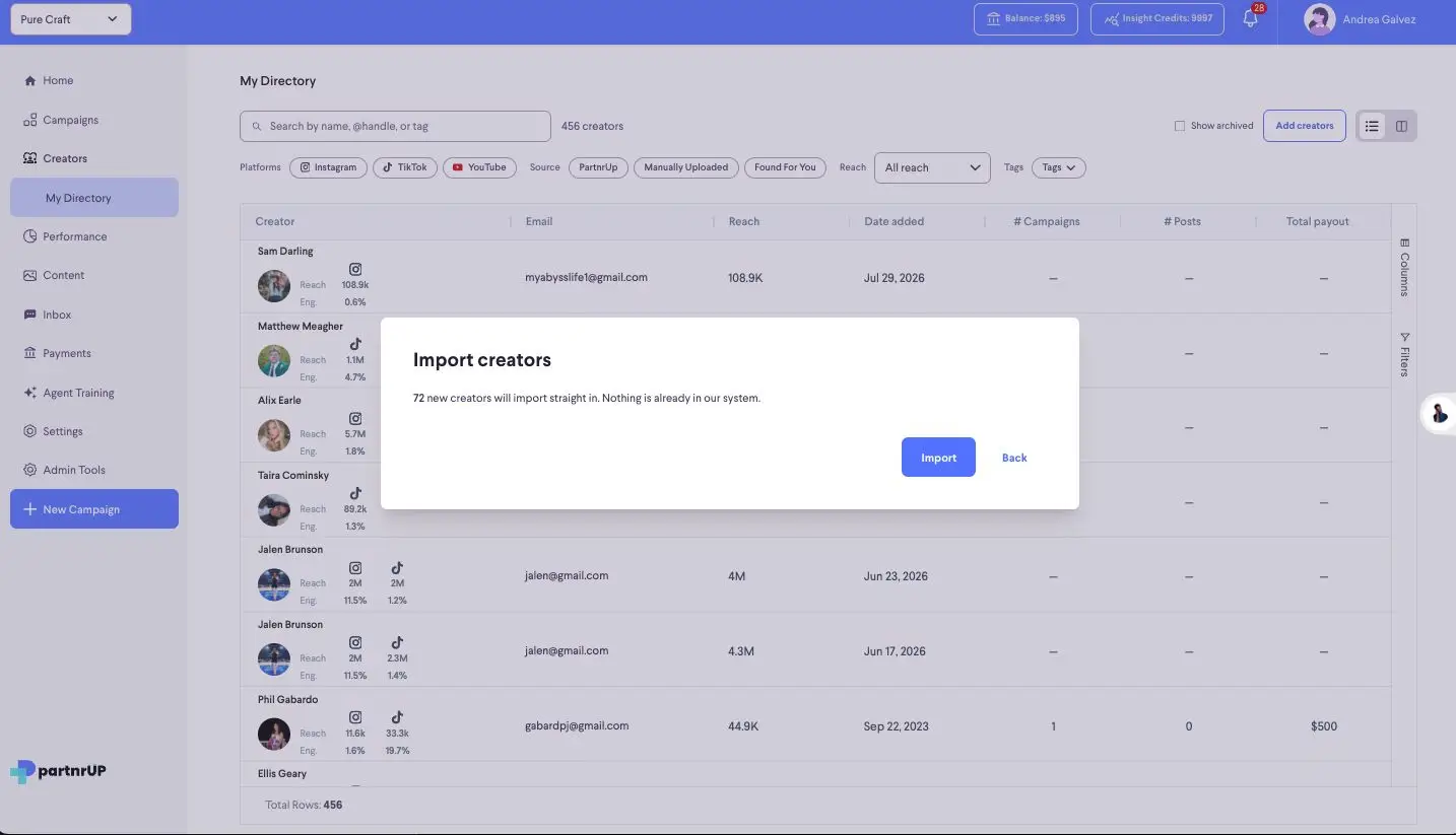 The screenshot shows a modal window titled "Import creators" overlaying the "My Directory" page of the partnrUP platform. The modal indicates that 72 new creators will be imported, and there are "Import" and "Back" buttons to proceed or cancel the action.