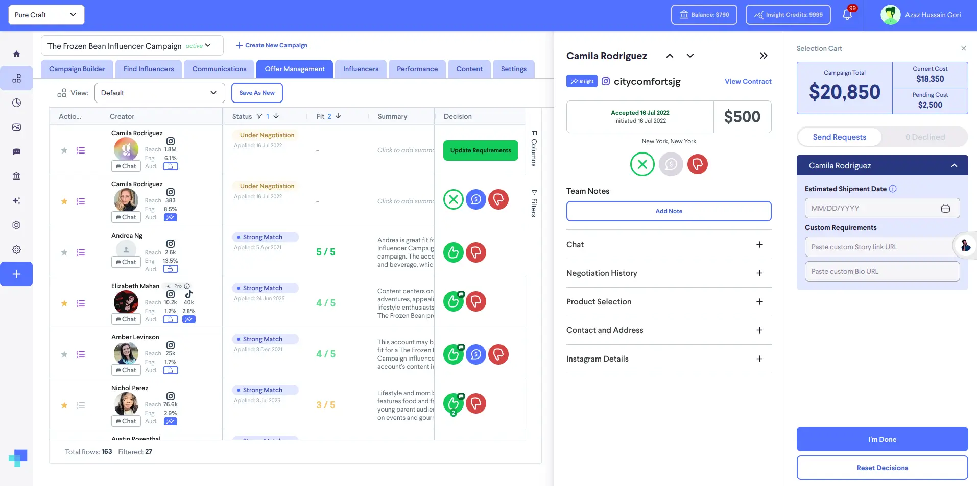 Offer Management section of partnrUP for Brands showing influencer details and management options for The Frozen Bean Influencer Campaign.