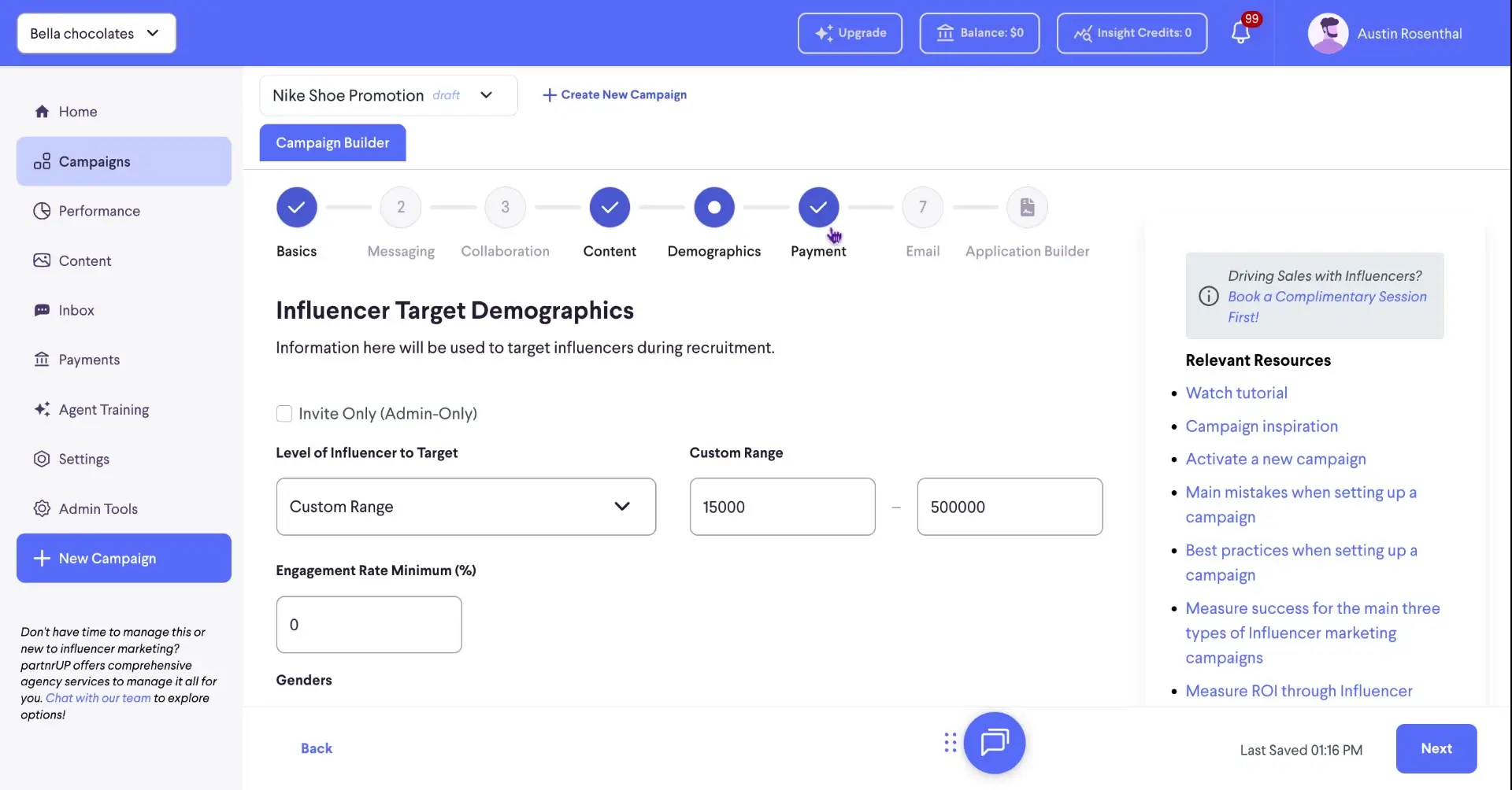 The screenshot shows the 'Influencer Target Demographics' section within the campaign builder, where users can define influencer criteria such as engagement rate and custom range.