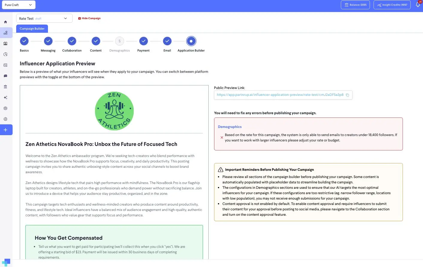 This screenshot shows the campaign builder interface for the partnrUP for Brands platform, specifically focusing on the influencer application preview for the Zen Athetics NovaBook Pro campaign. It highlights the campaign details, compensation, and provides a preview link, along with important reminders and demographic-related errors that need to be addressed before publishing.