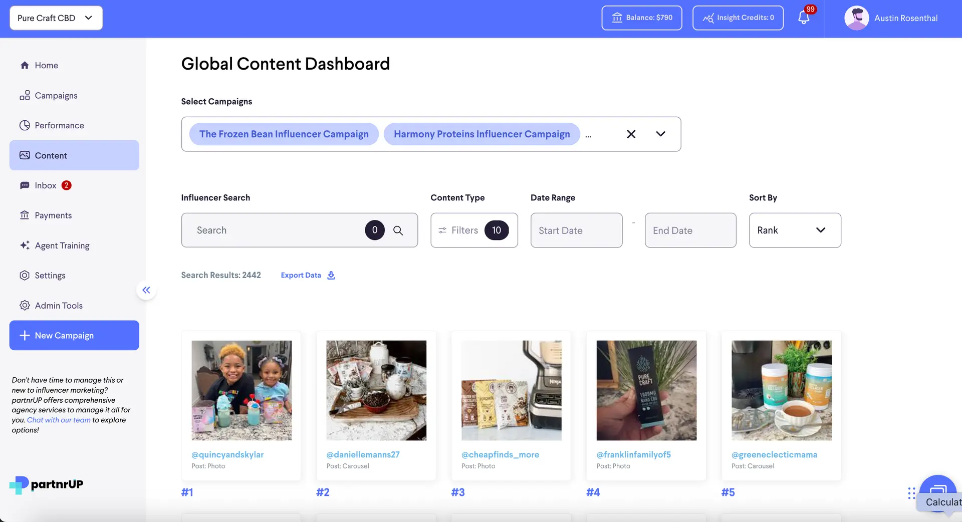 Global Content Dashboard in partnrUP for Brands platform showing campaign selection, influencer search, and content filtering options.