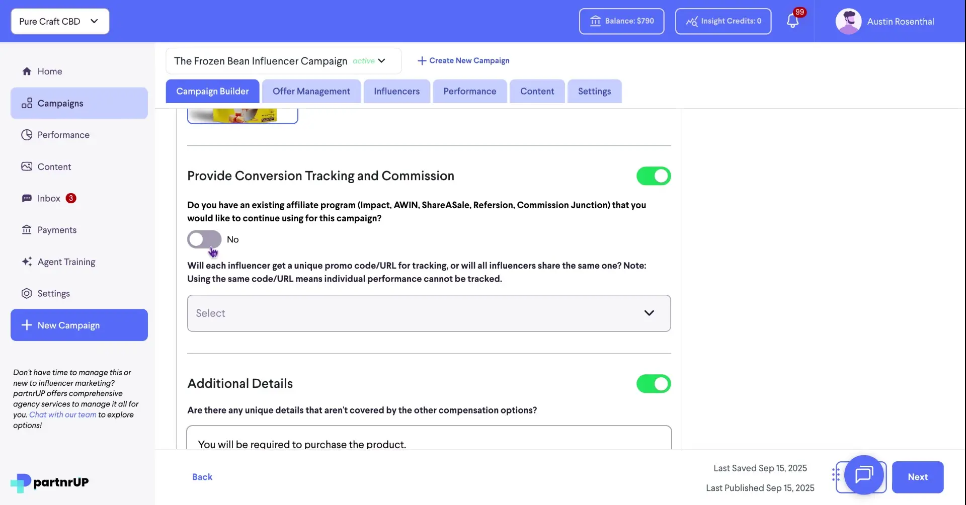 The screenshot shows the 'Campaign Builder' section of the partnrUP platform, specifically focusing on conversion tracking and commission settings for an influencer campaign.