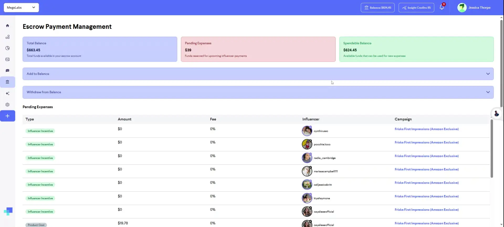 The screenshot displays the Escrow Payment Management section of the platform, showing the total balance, pending expenses, and spendable balance. It also lists pending expenses, including influencer incentives and product costs, along with the associated influencers and campaigns.