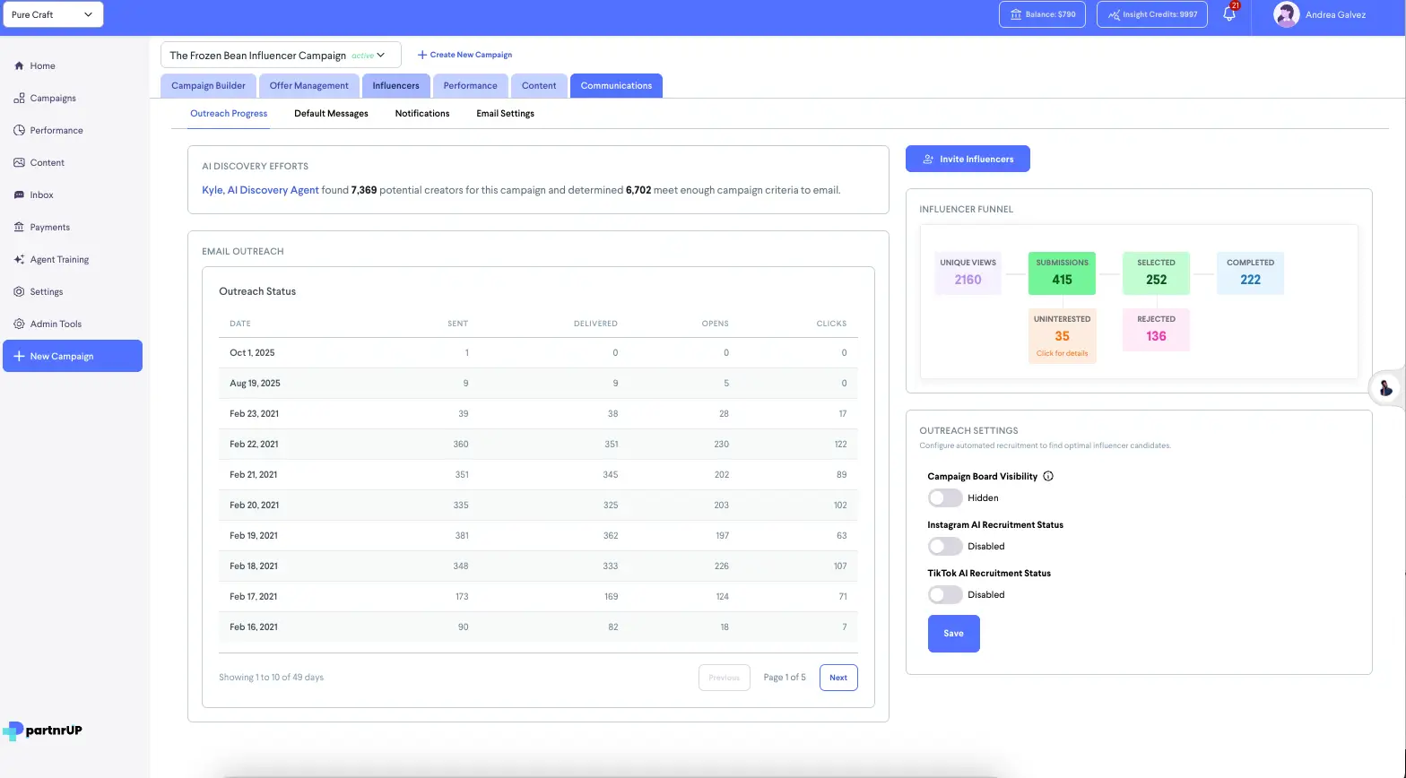 partnrUP for Brands Influencer Application & Offer Management screen for The Frozen Bean Influencer Campaign