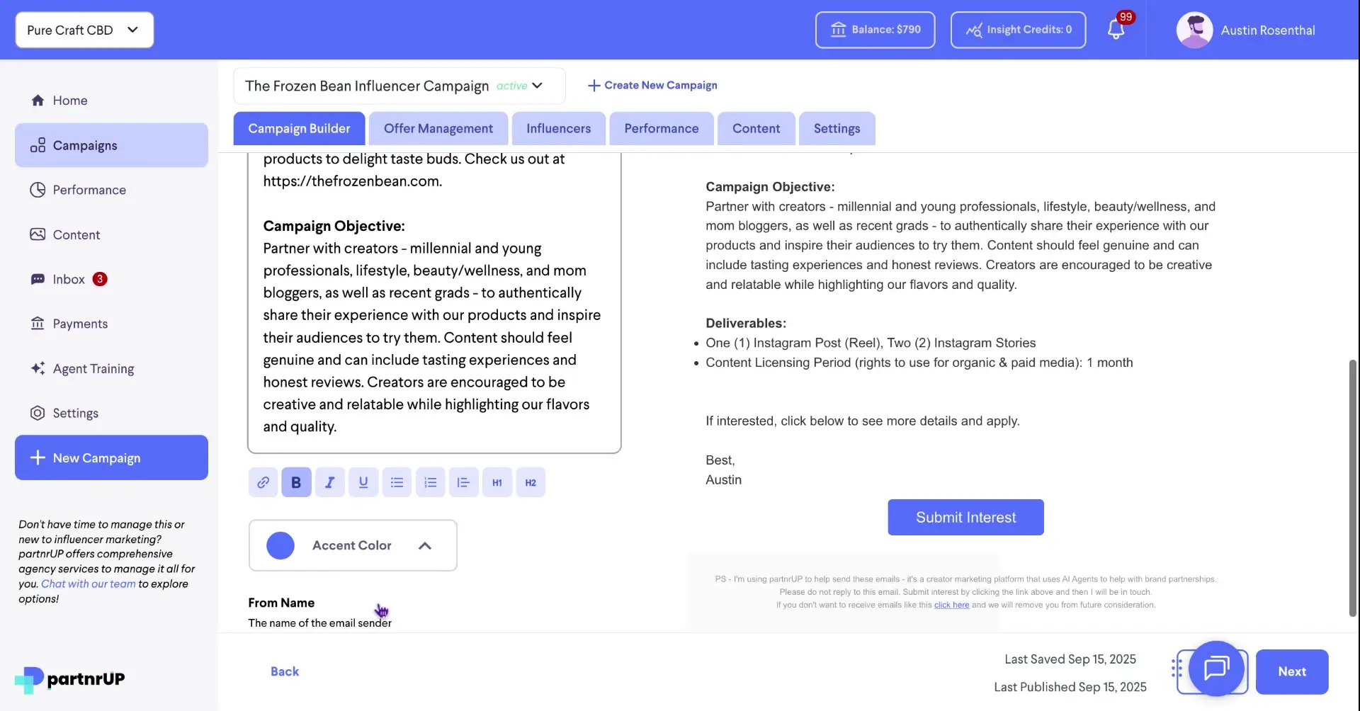 The user is on the campaign builder page for an influencer campaign, where they can customize the campaign details, including the campaign objective, deliverables, and accent color.