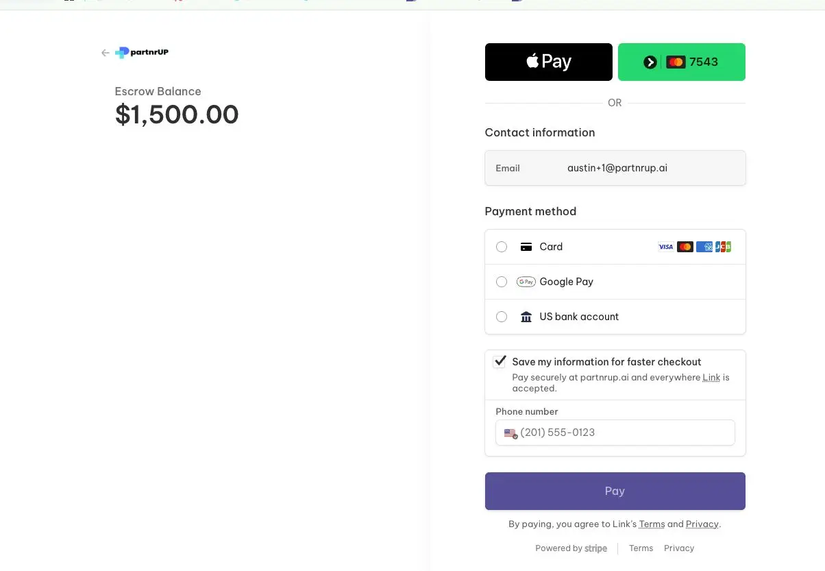 The screenshot shows a payment interface for partnrUP, an AI-powered influencer marketing platform. Users can view their escrow balance of $1,500.00 and choose a payment method, including Apple Pay, card, Google Pay, or US bank account. The interface also allows for saving payment information for faster checkout and includes fields for contact information and phone number.