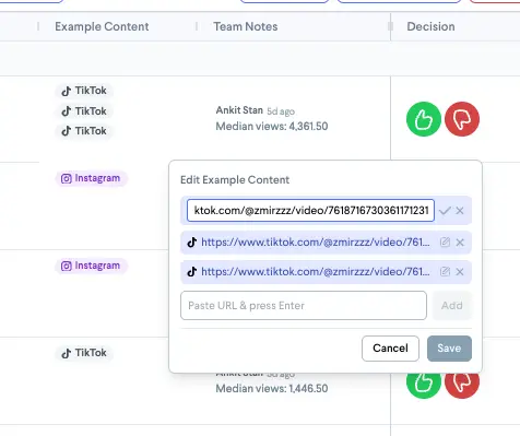 partnrUP for Brands Influencer Application & Offer Management screen showing example content editing with TikTok and Instagram links.