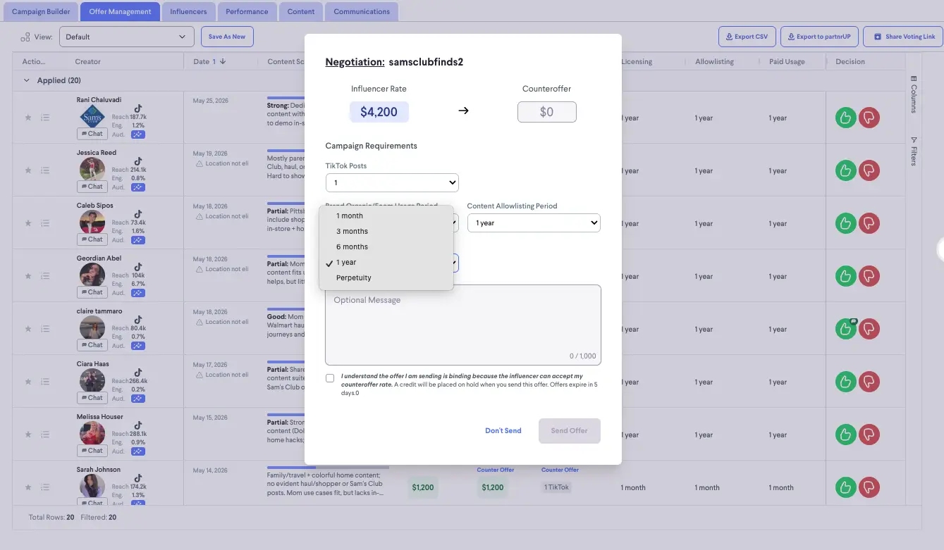 Offer Management section in partnrUP for Brands showing influencer negotiation interface.