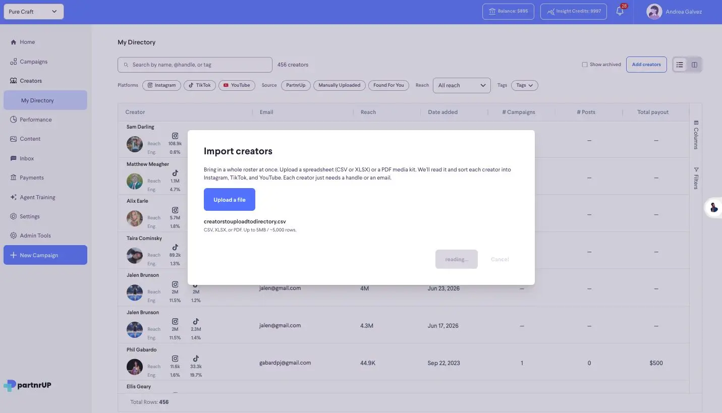 The screenshot shows the 'My Directory' section of the partnrUP platform, where users can import creators by uploading a CSV, XLSX, or PDF file. The platform supports importing creator data from Instagram, TikTok, and YouTube, requiring only a handle or email for each creator.