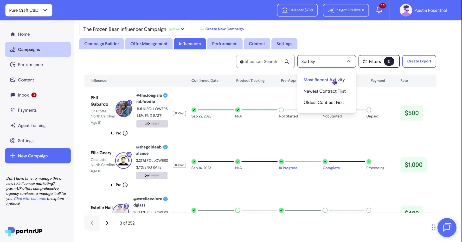 The user is sorting influencers by their most recent activity within the "Influencers" tab of the campaign management platform.