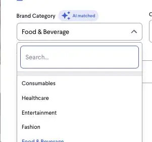 The screenshot shows a "Brand Category" filter with "Food & Beverage" selected and an "AI matched" indicator. Below, a search bar and a list of subcategories like "Consumables", "Healthcare", "Entertainment", and "Fashion" are visible, allowing users to refine their search.