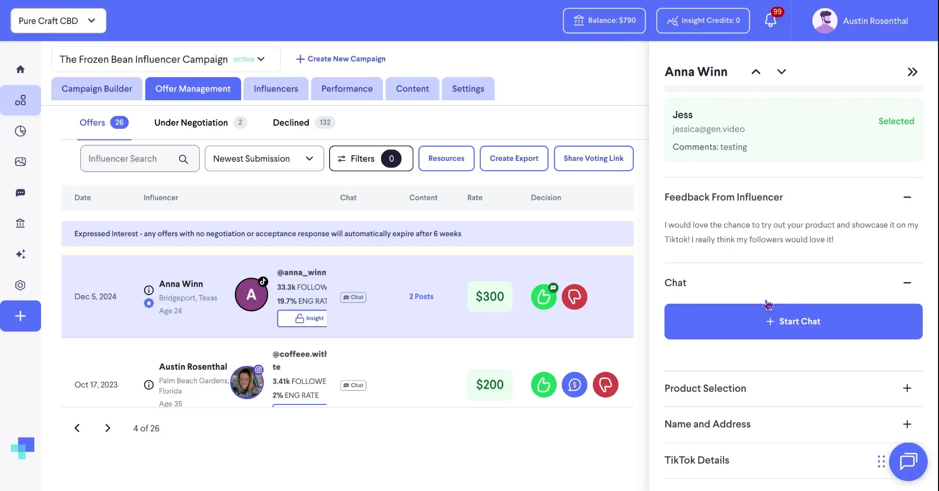 The screenshot shows the Offer Management section of the platform, where a user is reviewing an influencer's application and has the option to start a chat with them.