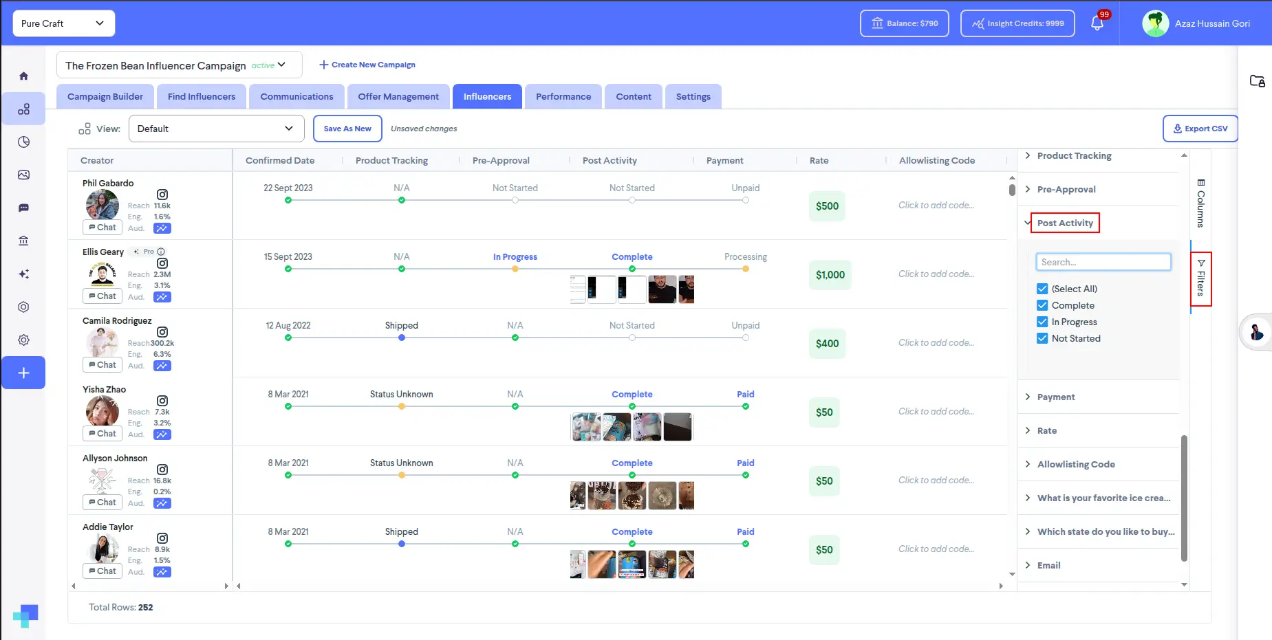 Influencers tab in The Frozen Bean Influencer Campaign on partnrUP for Brands platform showing influencer details and filter options.