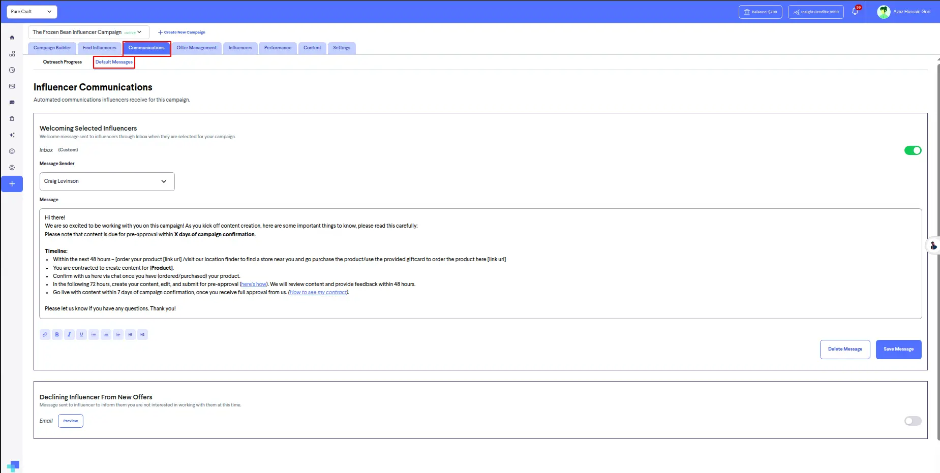 partnrUP for Brands - Influencer Communications screen for managing automated messages in a campaign.