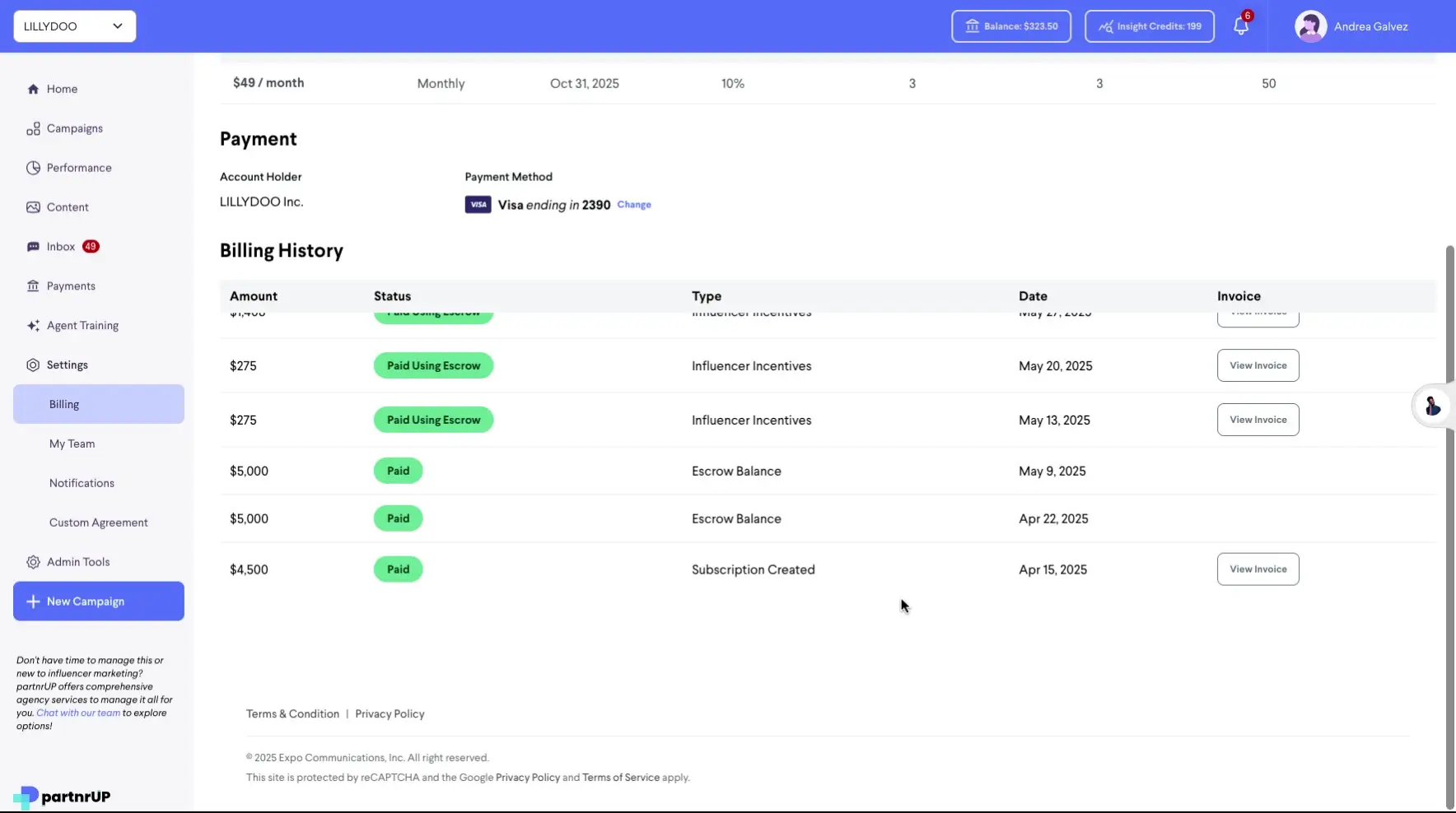 The screenshot displays the billing history for the user, showing payment details, statuses, types, dates, and invoice options. It also includes the user's current balance and insight credits.