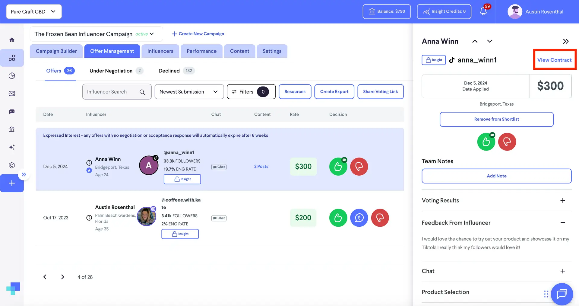 Offer Management tab in The Frozen Bean Influencer Campaign showing influencer applications and detailed view of Anna Winn's offer.