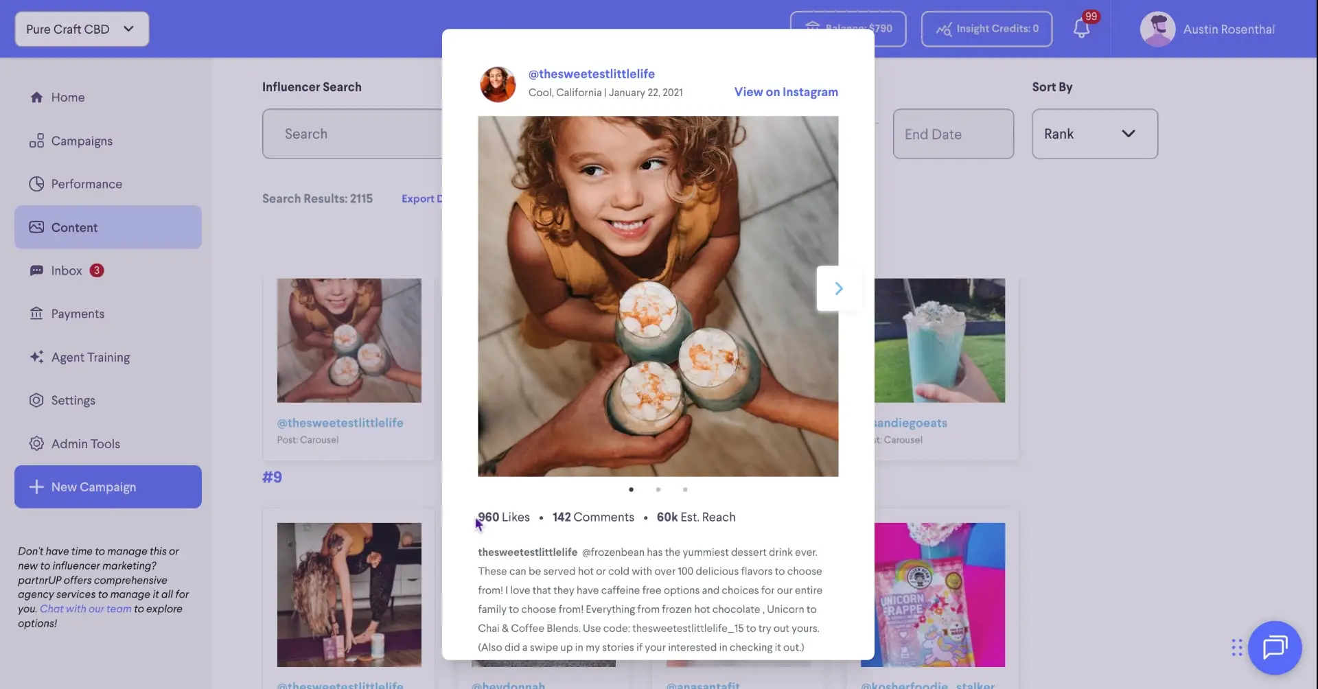 The screenshot shows the content section of the partnrUP platform, displaying influencer content with details like likes, comments, and reach.