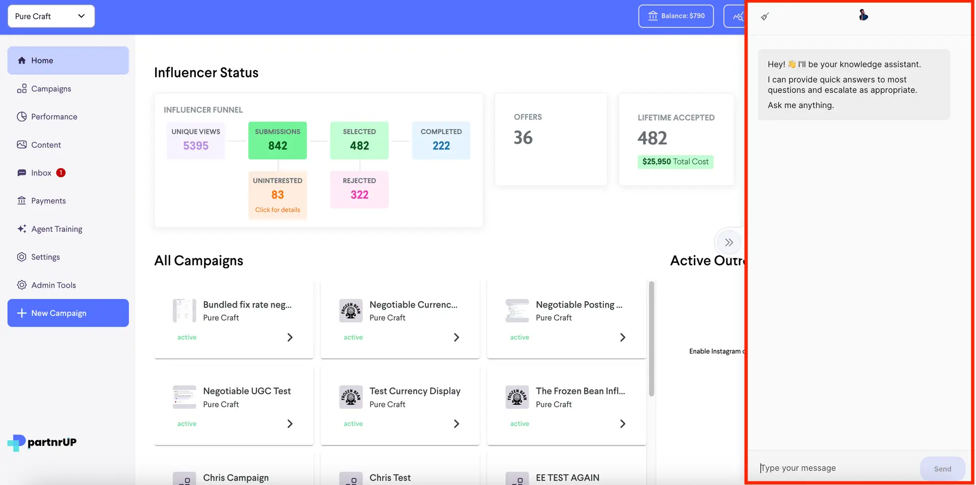partnrUP for Brands Home Dashboard with Influencer Status and Campaigns