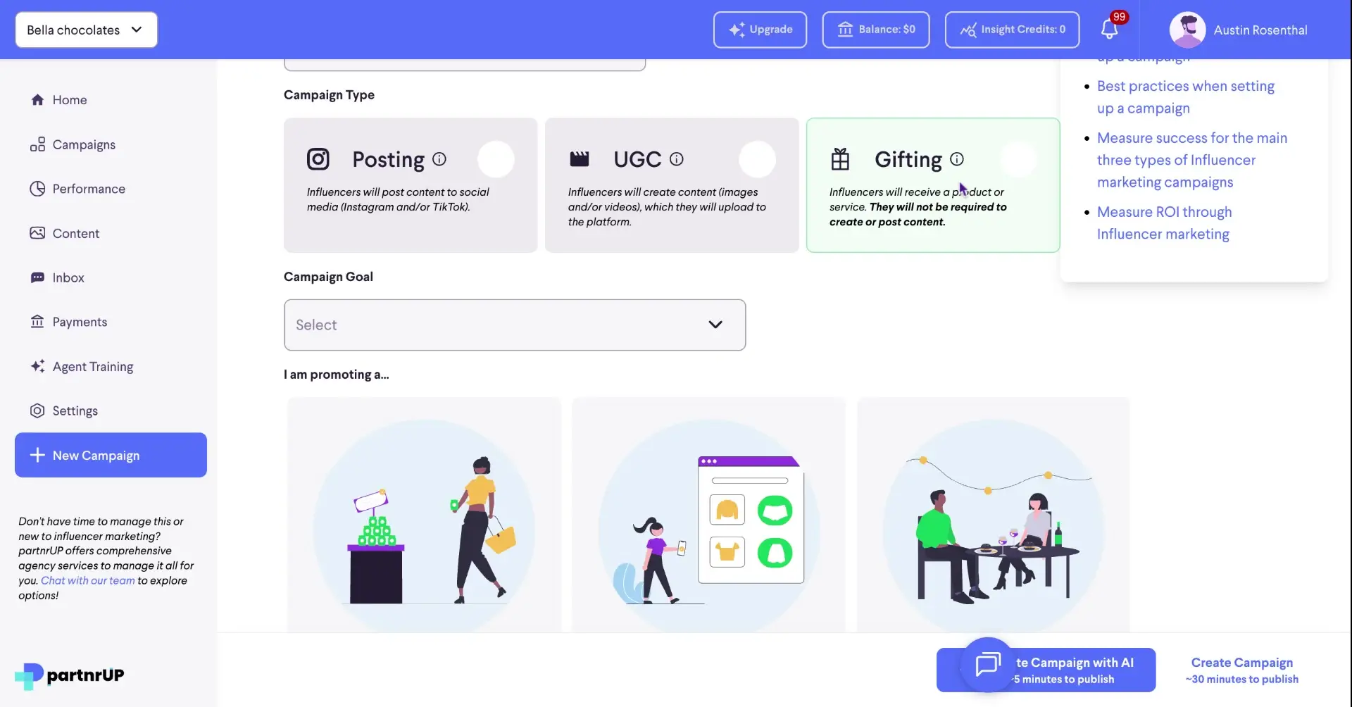 The screenshot displays the campaign creation interface within the partnrUP platform, showcasing options for campaign types such as Posting, UGC, and Gifting, along with campaign goal selection and promotional content options.