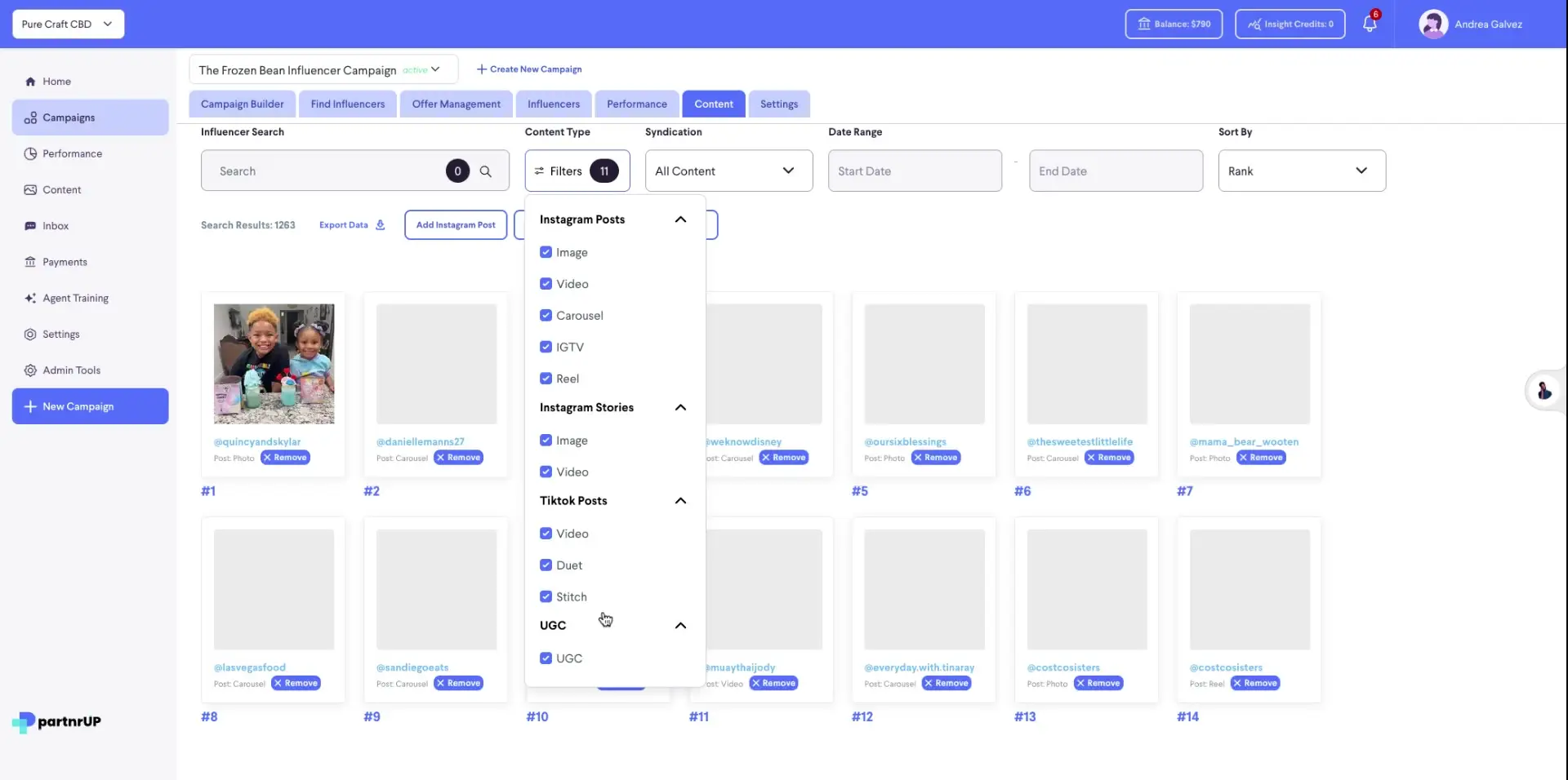 The user is filtering content by type, with options including Instagram Posts, Instagram Stories, and TikTok Posts, and specific content types within each category are selected.