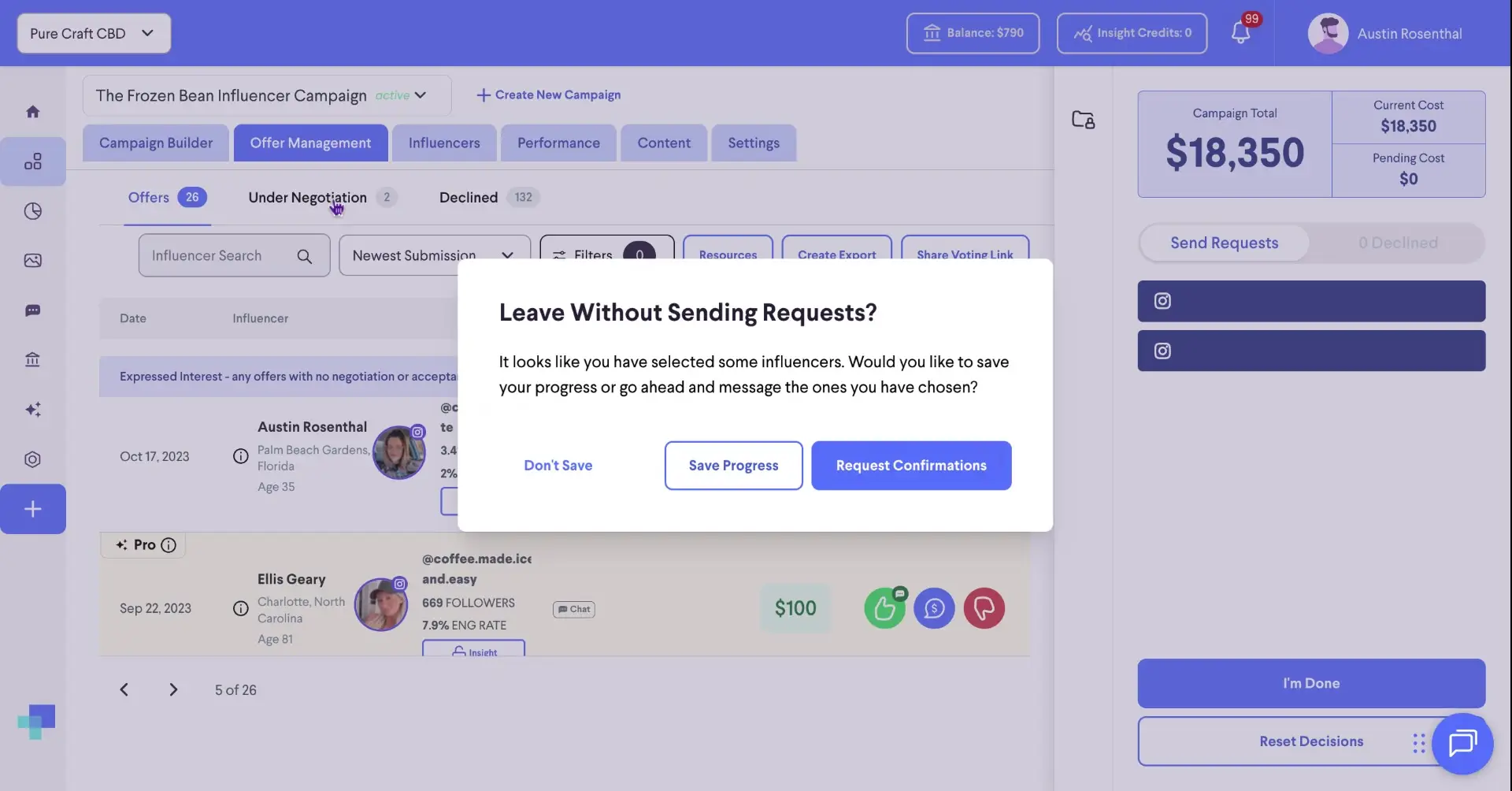 The user is presented with a modal asking if they want to save their progress or send requests to influencers. The user is in the Offer Management section of the campaign.