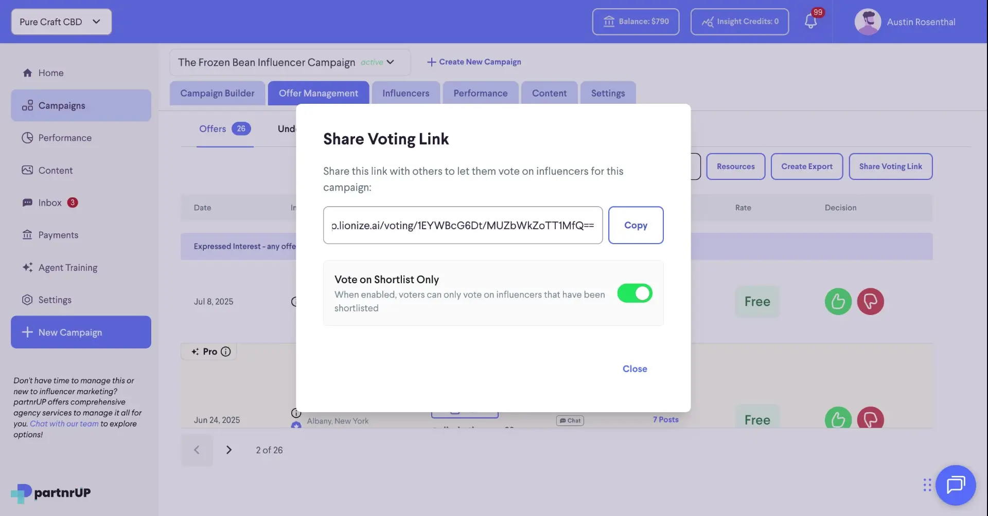 The screenshot shows the 'Share Voting Link' feature within the partnrUP platform, allowing users to share a link for others to vote on influencers for a campaign. It also includes an option to restrict voting to only shortlisted influencers.