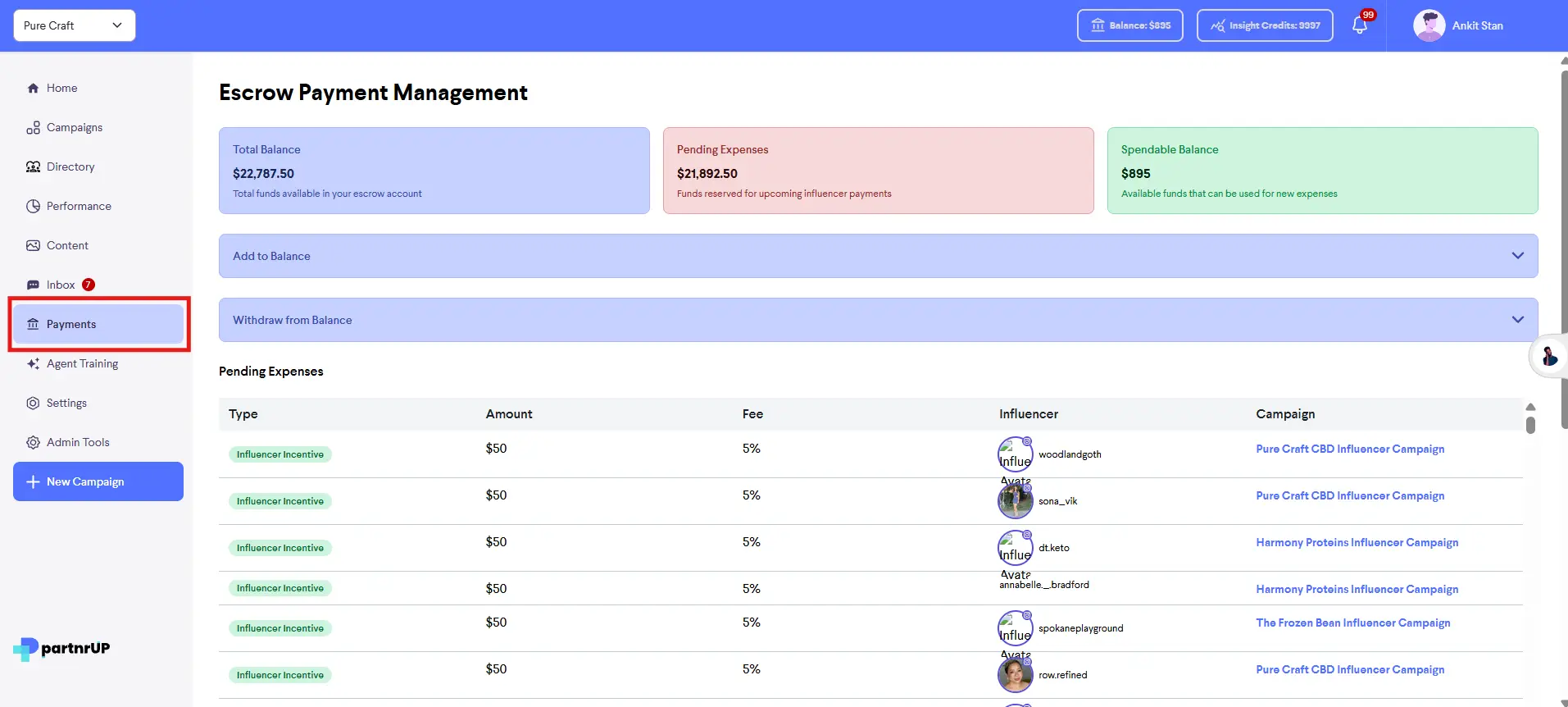 partnrUP for Brands - Escrow Payment Management screen showing payment details and pending expenses for influencer campaigns.