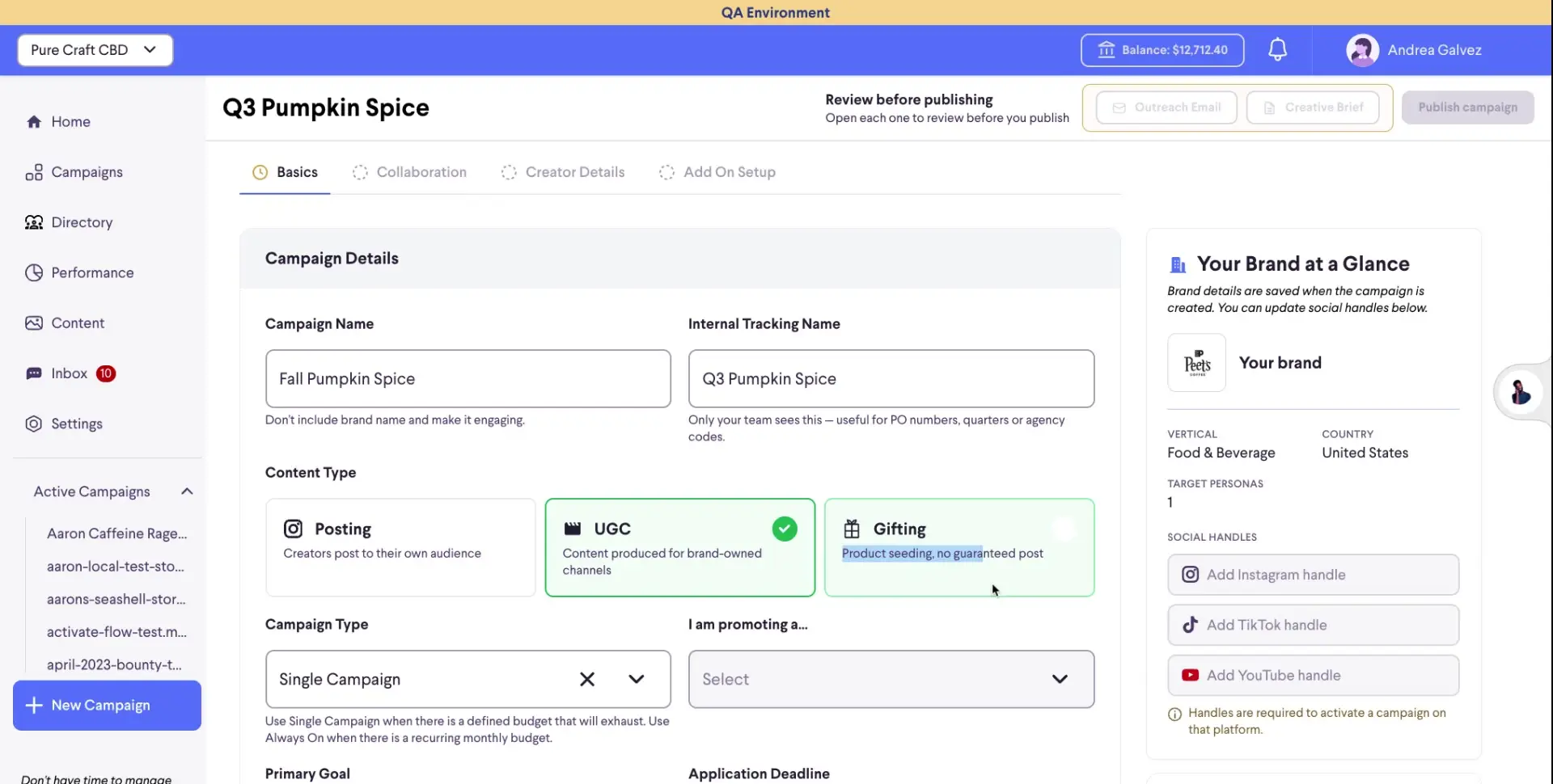 The user is configuring a new influencer marketing campaign named "Q3 Pumpkin Spice" within the partnrUP platform. They are specifying campaign details such as name, content type (Gifting), and campaign type (Single Campaign), and have selected "Peet's Coffee" as the brand.