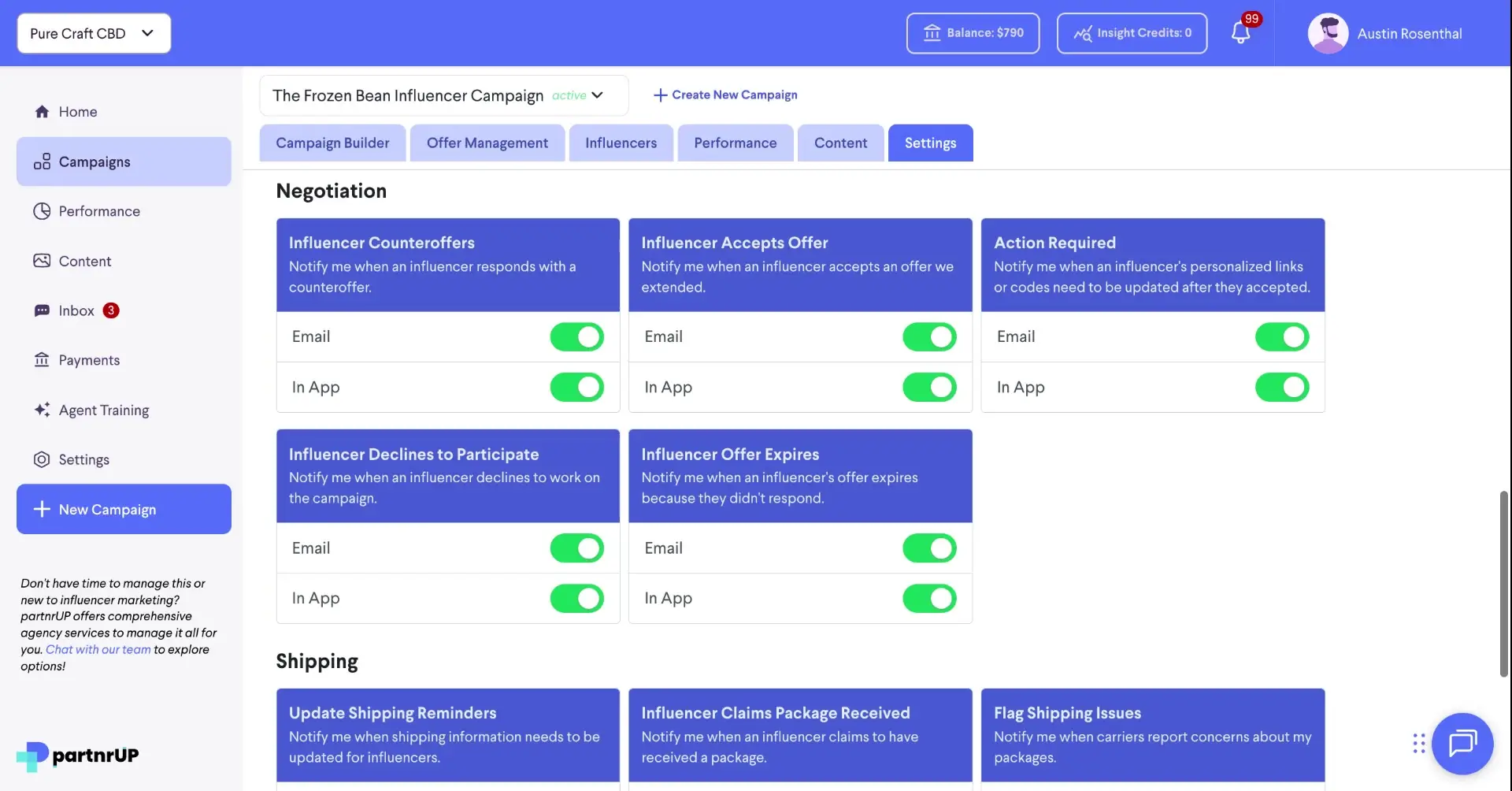 The screenshot displays the settings page for a specific influencer campaign within the partnrUP platform. It showcases various notification toggles for email and in-app alerts related to influencer interactions and campaign events.
