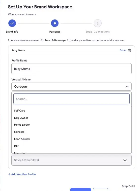 This screenshot shows the "Set Up Your Brand Workspace" interface, specifically the "Personas" step. Users can define target audience personas by setting a profile name, vertical/niche, and ethnicity. The platform suggests personas based on the brand's industry, such as "Food & Beverage".