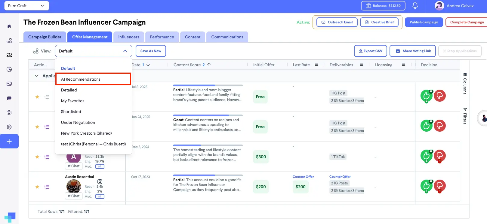 Offer Management tab in The Frozen Bean Influencer Campaign on partnrUP for Brands platform.