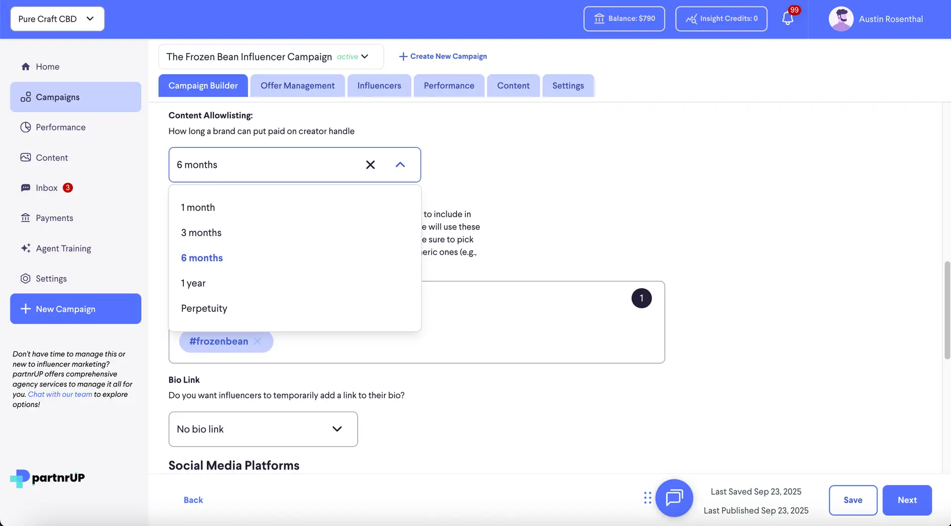 partnrUP Campaign Builder - The Frozen Bean Influencer Campaign Content Allowlisting