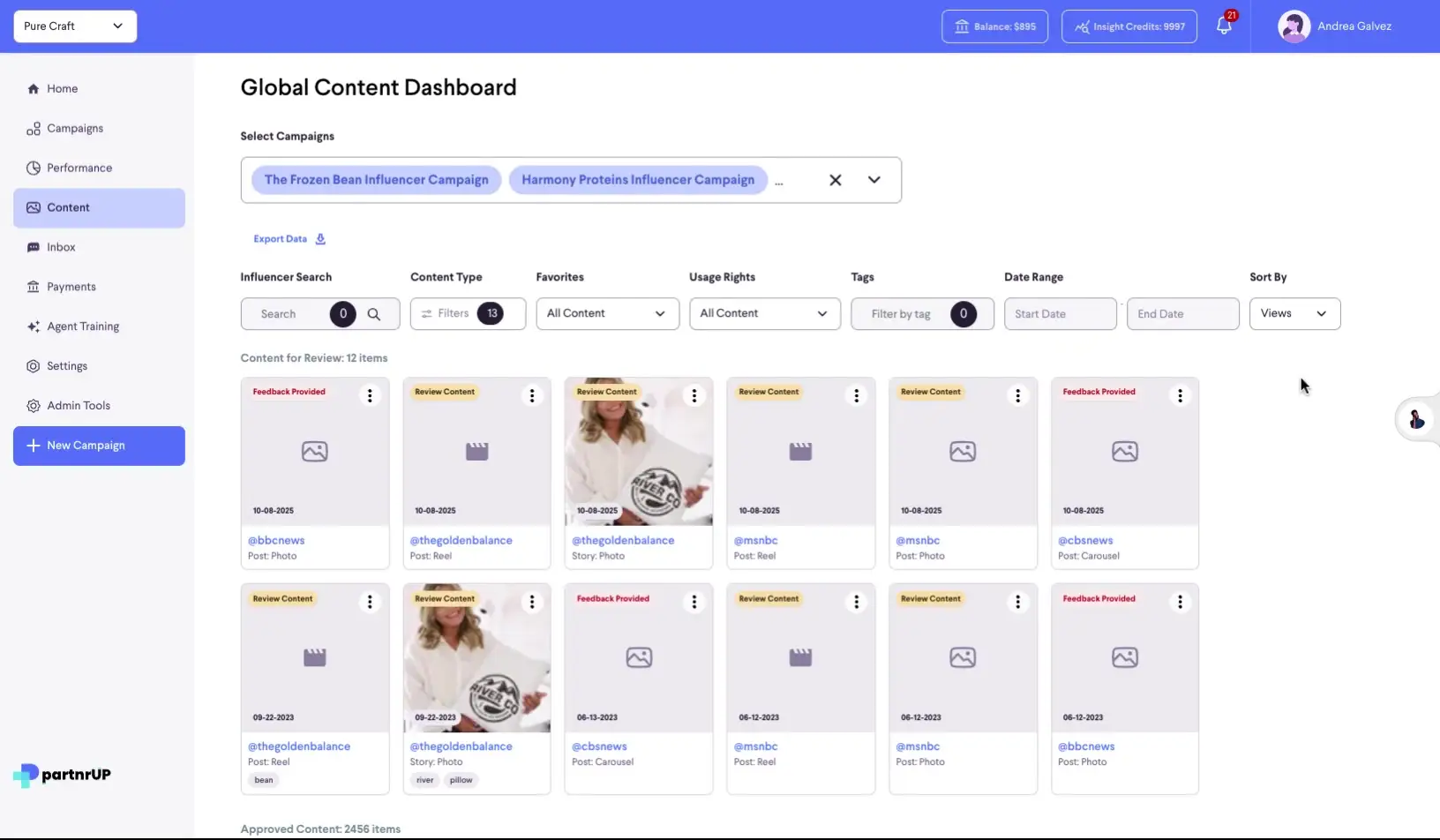 The Global Content Dashboard displays content for review, allowing users to filter and sort content from influencer campaigns.