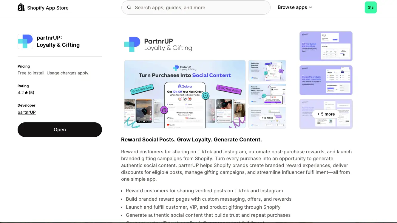 Shopify App Store page for partnrUP: Loyalty & Gifting app