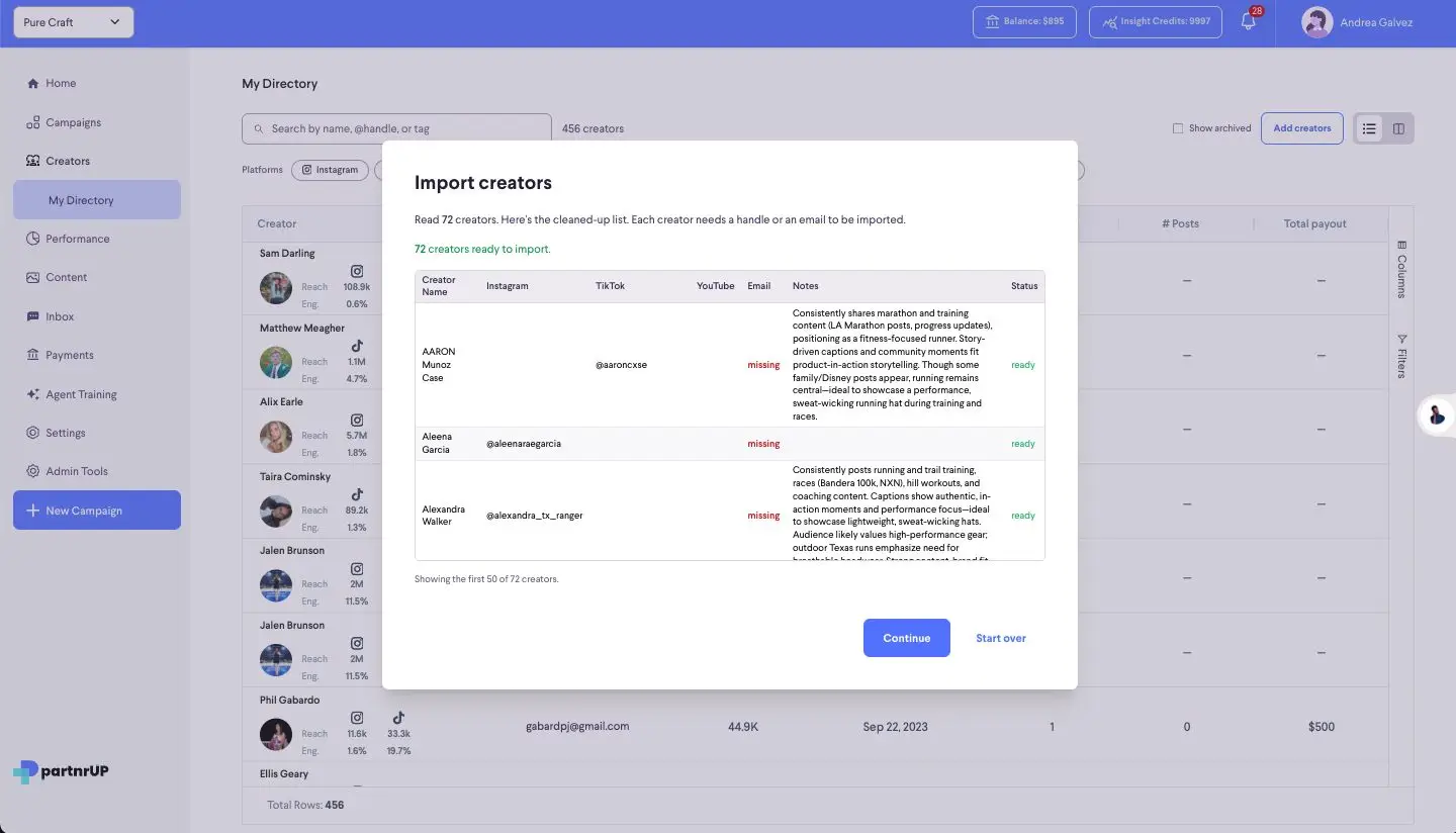 The "Import creators" modal displays a list of 72 creators ready for import, showing their names, social media handles, and status. It also indicates that 50 creators are currently visible, with options to continue or start over.