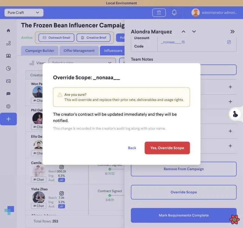 The screenshot shows a modal window prompting the user to confirm overriding a creator's contract scope. It warns that this action will update the creator's prior rate, deliverables, and usage rights, and that the creator will be notified. The change will also be logged in the creator's audit log.
