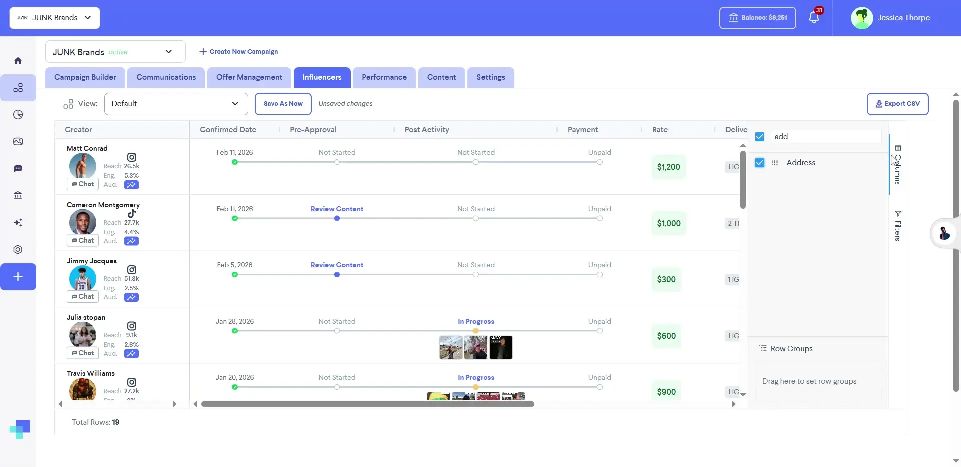 The user is enabling the "Address" column in the influencer management interface.