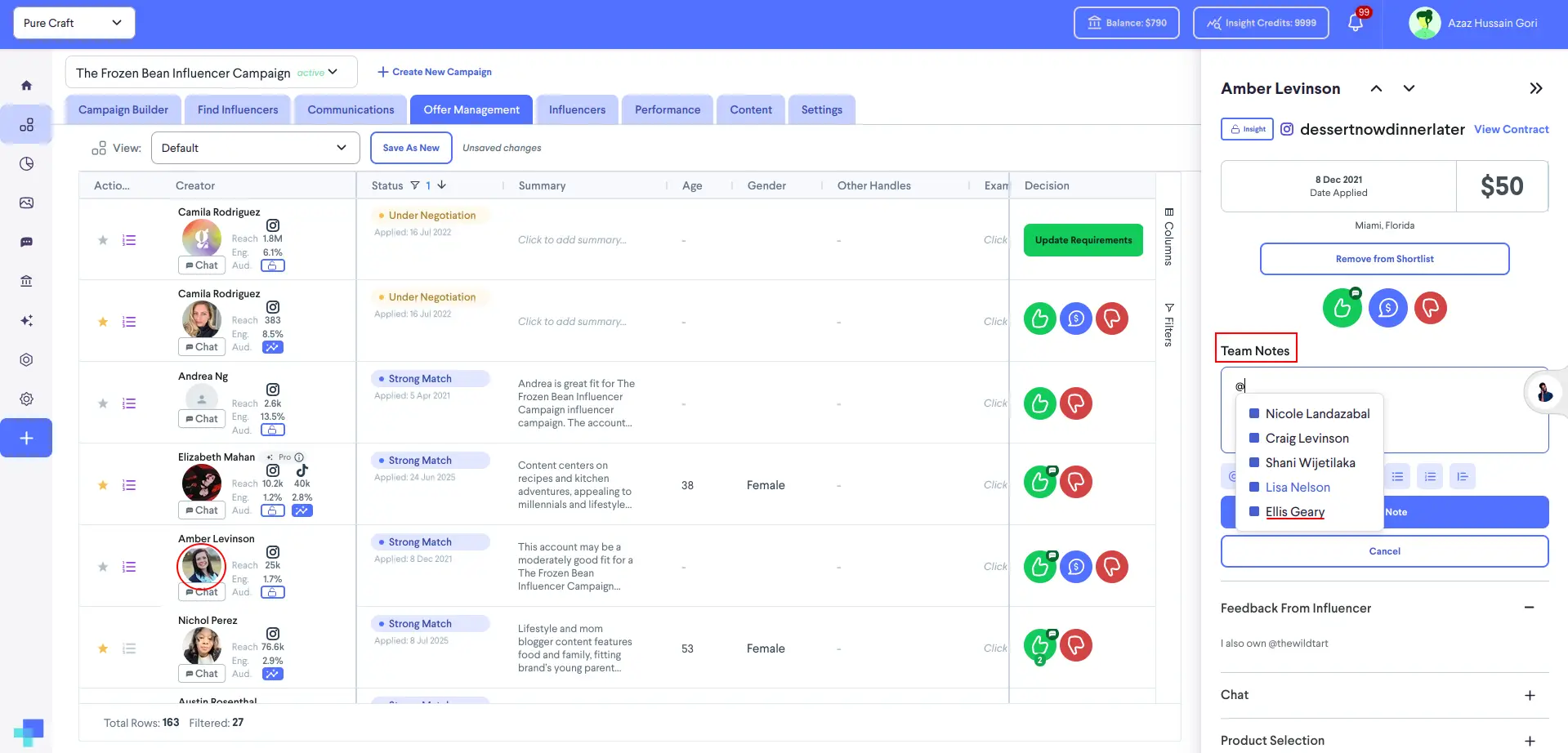 Offer Management screen for The Frozen Bean Influencer Campaign in partnrUP for Brands platform.